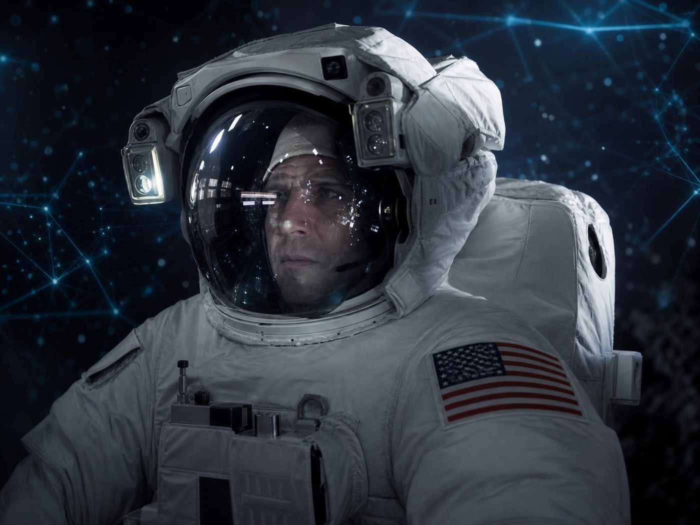 Astronauta real en una sala de control con hologramas de datos en el ambiente