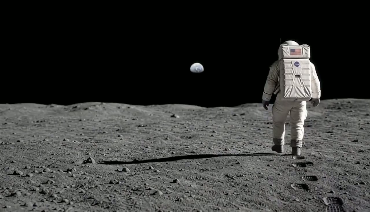 Astronauta real caminando sobre la superficie lunar hacia el horizonte