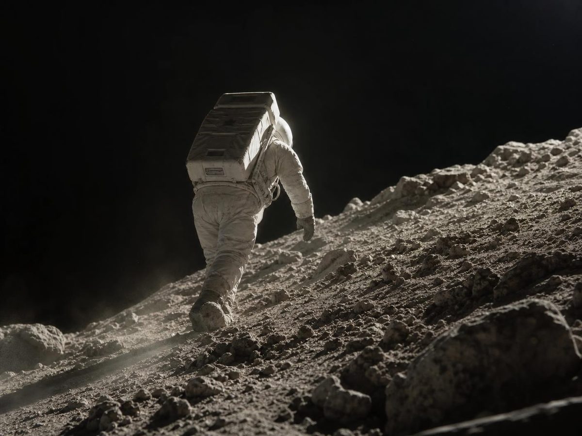 Astronauta real ascendiendo una ladera rocosa iluminada por el sol