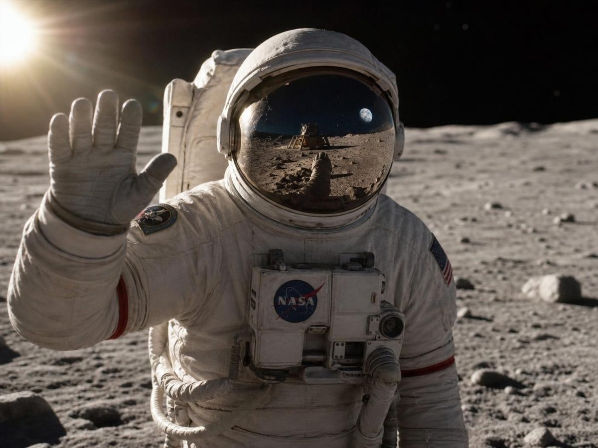 Astronauta real saludando a cámara sobre la superficie lunar
