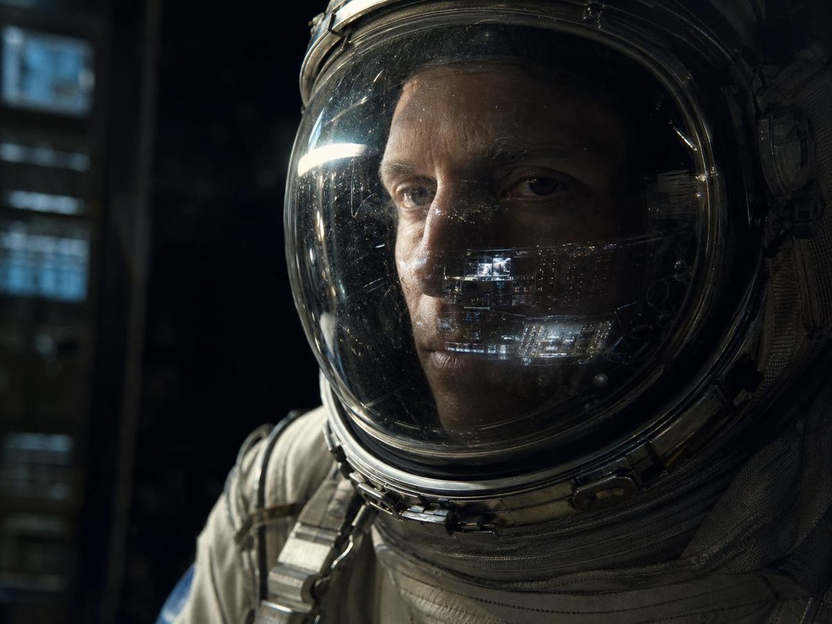 Rostro de un astronauta real tras el visor reflejando paneles de datos
