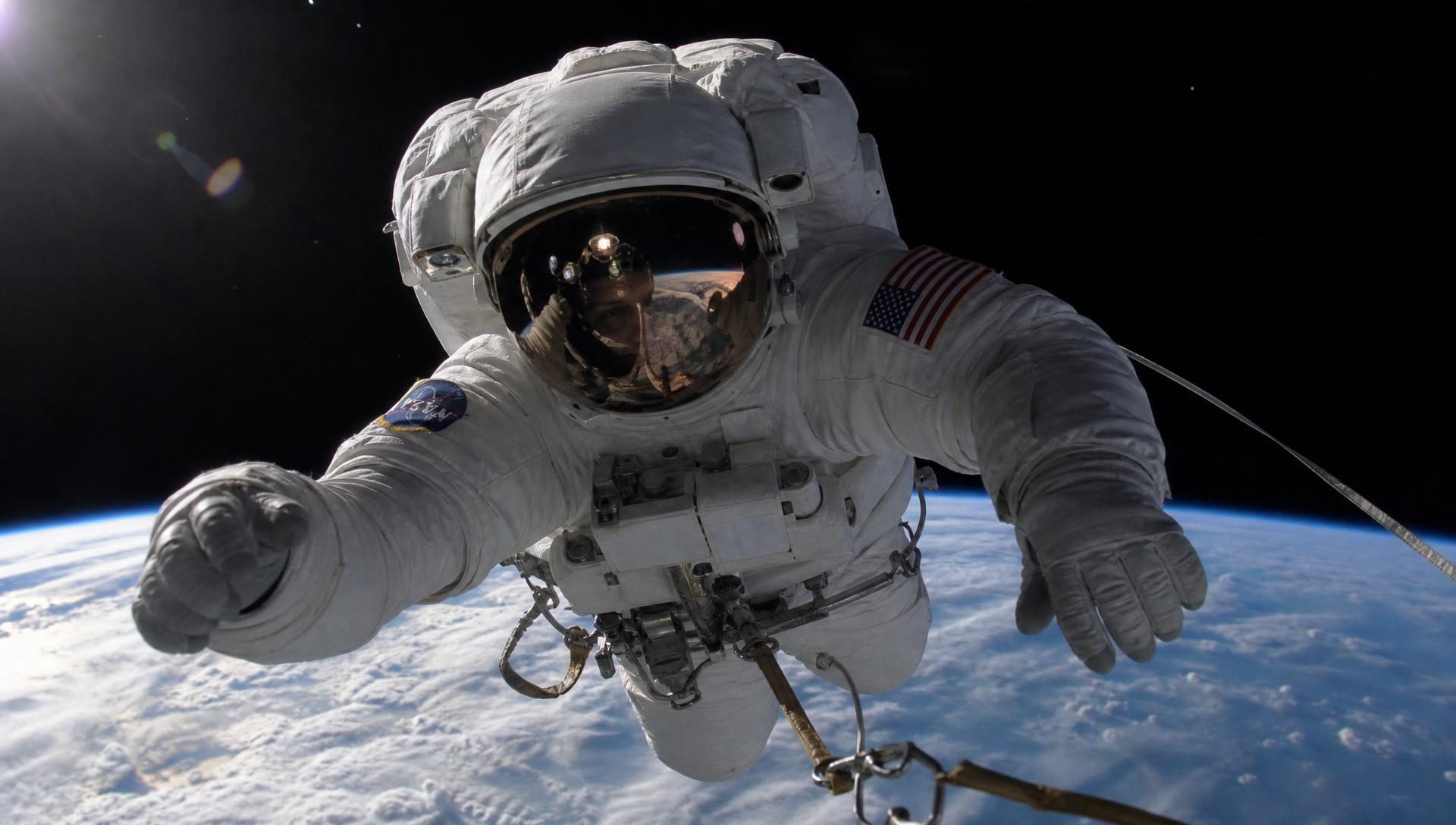 Astronauta real flotando fuera de la nave con la Tierra de fondo